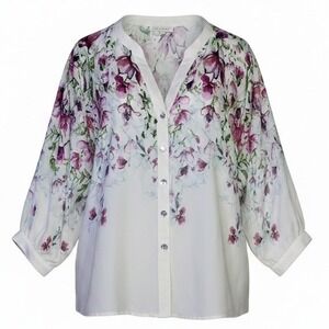 Fig + Flower Womens Small Floral Button Front Blouse White Purple 3/4 Sleeve NEW